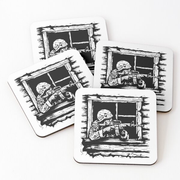 Item preview, Soldier Aiming Rifle from Window | Black and White Tactical Military Art designed and sold by inkoutninja.