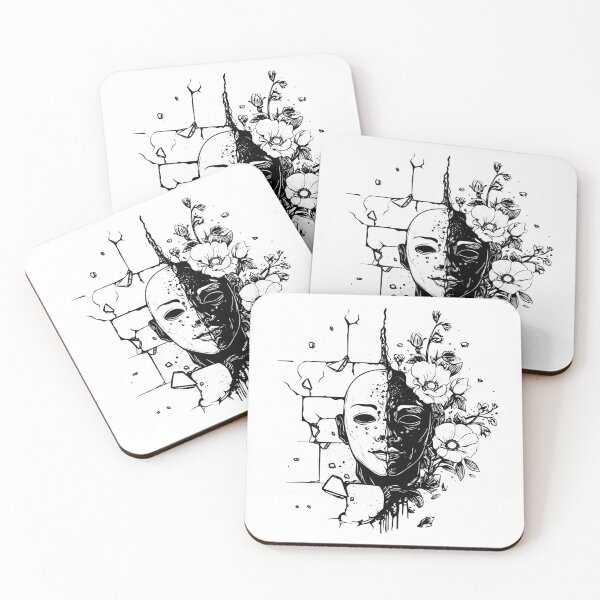 Item preview, Duality Mask with Flowers and Cracked Wall | Black and White Surreal Art designed and sold by inkoutninja.
