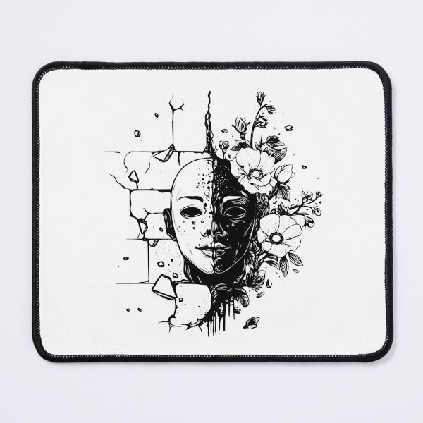 Item preview, Duality Mask with Flowers and Cracked Wall | Black and White Surreal Art designed and sold by inkoutninja.