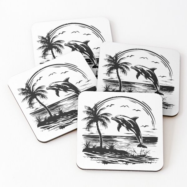 Item preview, Jumping Dolphin Tropical Sunset Scene | Black and White Ocean Art designed and sold by inkoutninja.