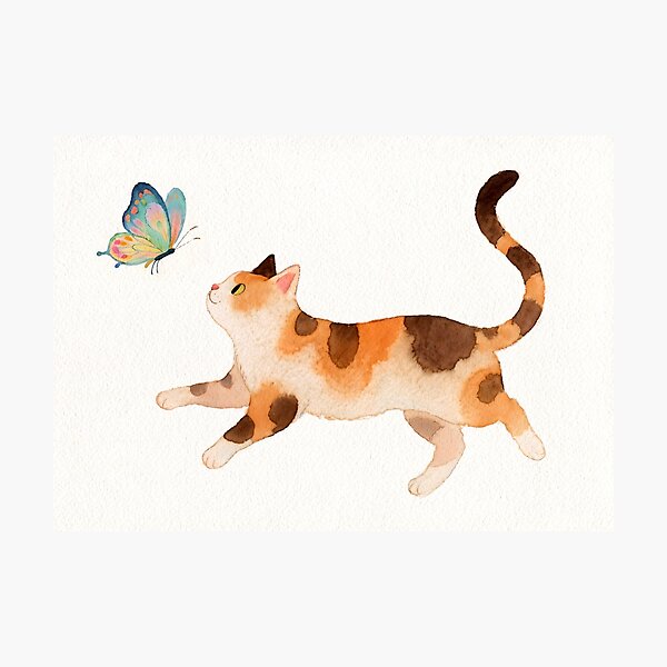 Item preview, Aquarell Katze und Schmetterling Kunstdesign designed and sold by MindWind.