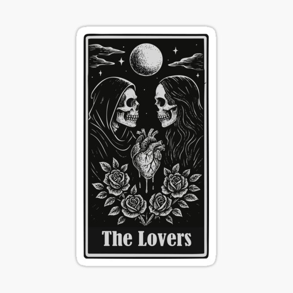 Artikel-Vorschau von Die Liebenden – Gothic Tarotkarte mit Skeletten, Herz & Rosen, designt und verkauft von idgafstudio.ch.