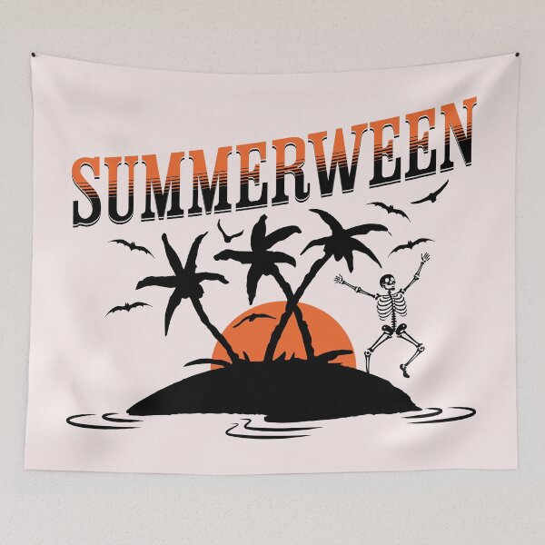 Item preview, Summerween Skeleton and Bats at Sunset Beach designed and sold by humnoo.
