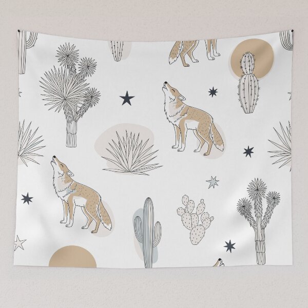 Item preview, Minimalist Desert Coyote and Cactus Wall Tapestry designed and sold by FestivityFinds.
