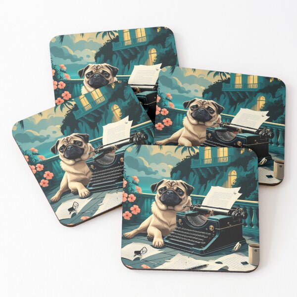 Item preview, Pug Dog with glossy fur and a gentleman vintage typewriter designed and sold by mcinnesstore.
