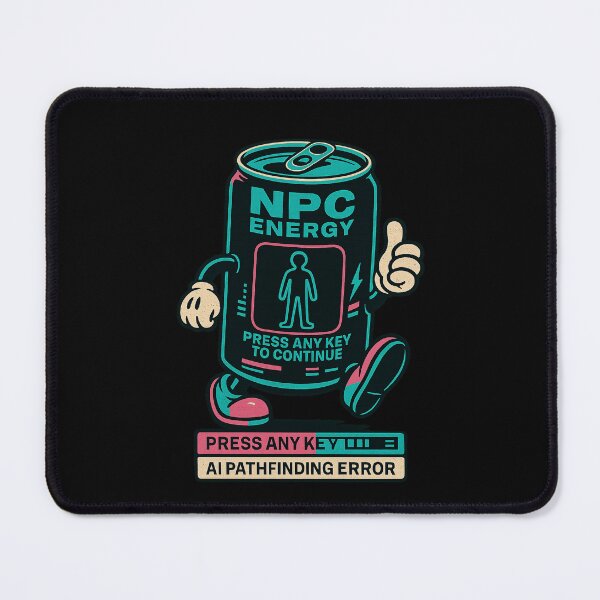 Item preview, NPC ENERGY — Press Any Key to Continue • AI Pathfinding Error (RGB Glitch Can, Cyan‑Magenta‑Black Retro Tee) designed and sold by BeetleDots.