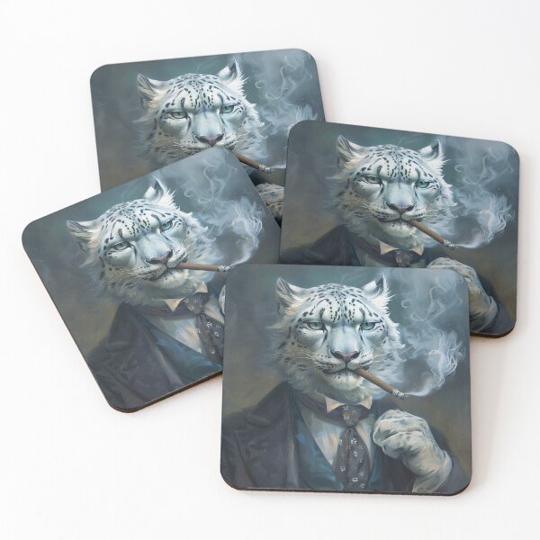Item preview, Snow Leopard Smoking Cigar – Cool Big Cat Art, Edgy Animal Portrait Illustration designed and sold by baggycatsworld.