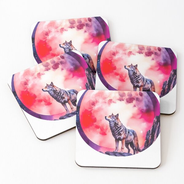 Artikelvorschau, Wolf mit rotem Mond – kreisförmiges Aquarelldesign entworfen und verkauft von MarcVan.