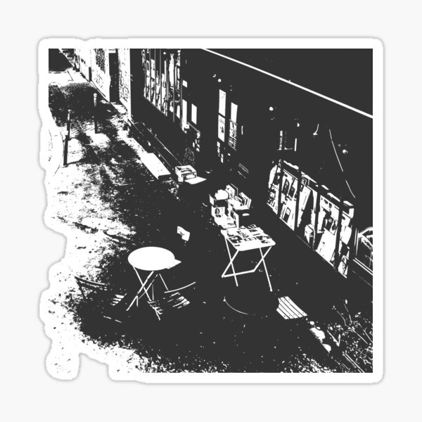 Item preview, Paris Belville corner bookshop with vinyls, tables and chairs on a terrace in monochrome  designed and sold by strokes and splashes.