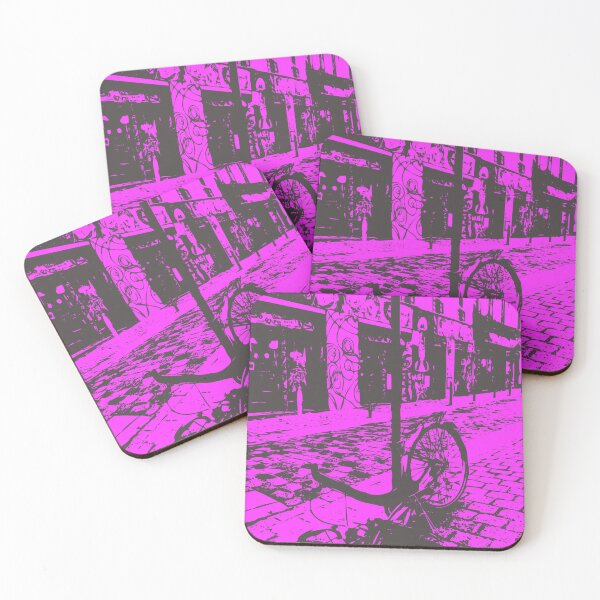 Item preview, Streets of Paris, 20eme, broken bicycle in the street, bicycle wheel, contrasting bright magenta background designed and sold by strokes and splashes.