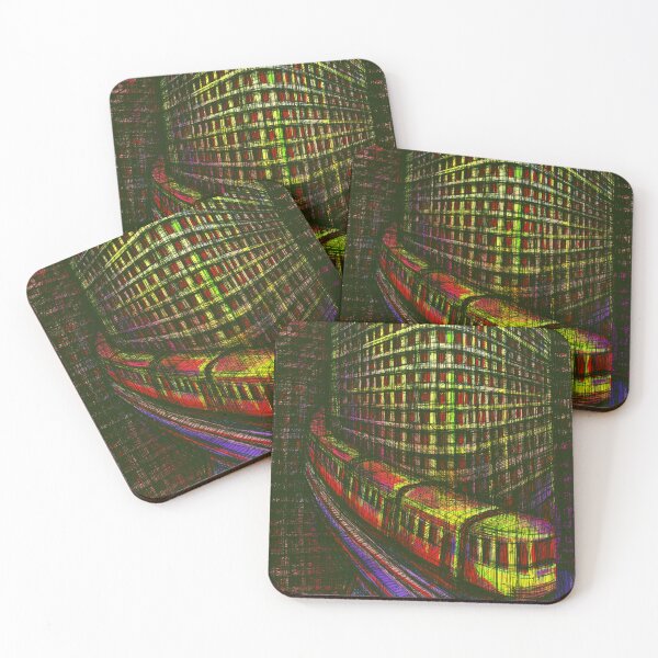 Item preview, Urban Tram & Curved Architecture Cityscape  Colorful Expressive Digital Art Print, Neon Lines Modern Streetcar Illustration Vibrant City Drawing for Wall Decor designed and sold by IlustratorCAT.