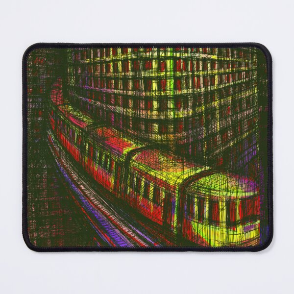 Item preview, Urban Tram & Curved Architecture Cityscape Colorful Expressive Digital Art Print, Neon Lines Modern Streetcar Illustration Vibrant City Drawing for Wall Decor designed and sold by IlustratorCAT.