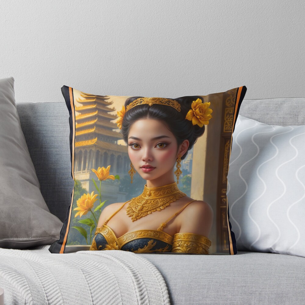 Gilded Portrait Of Lady Anya In The Ancient Temple Of Ossron Stunning AI Concept Art by Xzendor7 Decorative Art Print Throw Pillow
