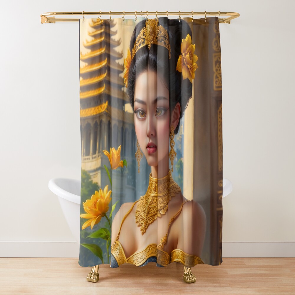 Gilded Portrait Of Lady Anya In The Ancient Temple Of Ossron Stunning AI Concept Art by Xzendor7 Decorative Art Print Shower Curtain