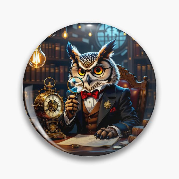 Item preview, Steampunk Owl Scholar with Magnifier at Desk Illustration designed and sold by EmeraldeaArt.