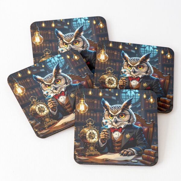 Item preview, Steampunk Owl Scholar with Magnifier at Desk Illustration designed and sold by EmeraldeaArt.