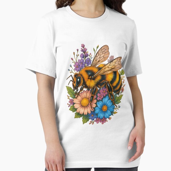 Item preview, Fluffy Bumblebee on Colorful Flowers Detailed Botanical Insect Illustration designed and sold by YoriTeeShop.