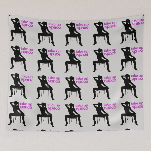 Item preview, Take Up Space - black silhouette woman dramatic wide leg sitting pose bold purple font designed and sold by RabbitHoleThings.