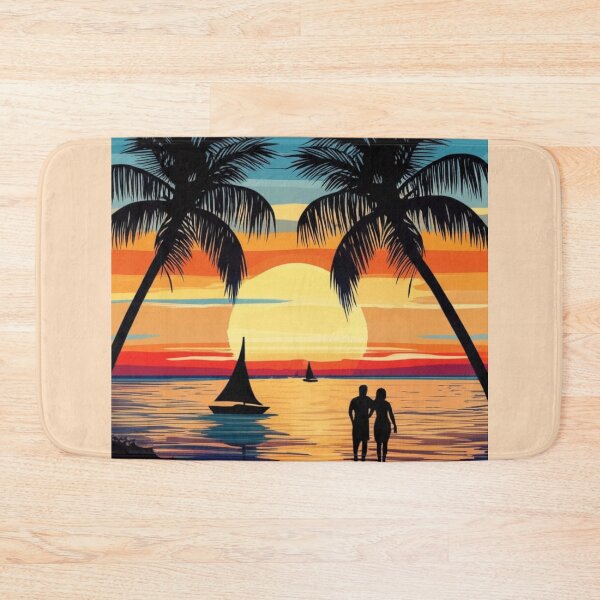 Item preview, Romantic Tropical Sunset Beach  with Couple and Sailboats designed and sold by PrintBreeze.