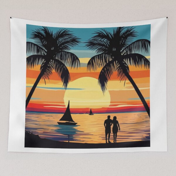 Item preview, Romantic Tropical Sunset Beach  with Couple and Sailboats designed and sold by PrintBreeze.