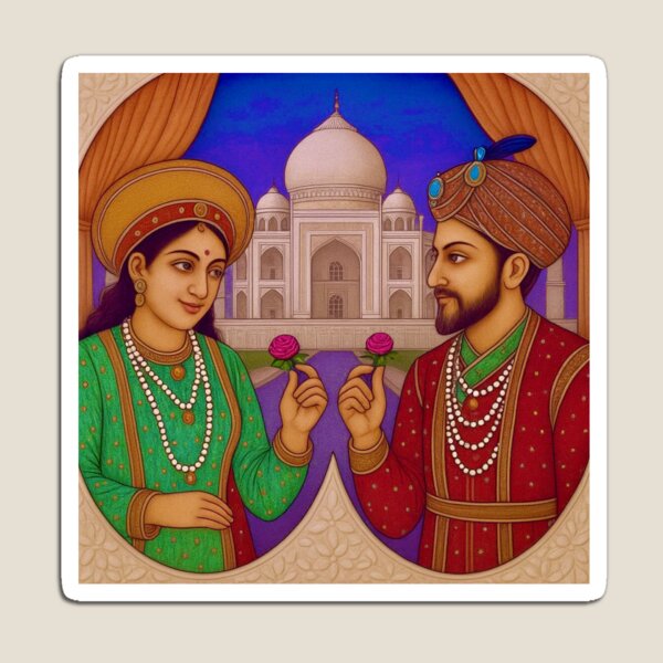 Aperçu de l'œuvre Shah Jahan et Mumtaz Mahal en Inde : un amour éternel avec le Taj Mahal en toile de fond créée et vendue par FineArtsPro.