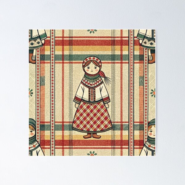 Item preview, Doll Folk Art Seamless Pattern with Plaid Background. designed and sold by RGShirtWorks.