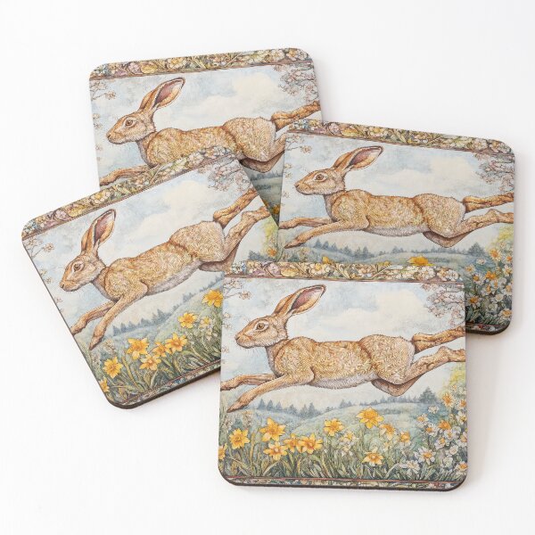 Item preview, A brown hare leaping through the meadow, surrounded by primroses and daffodils designed and sold by thewandswant.