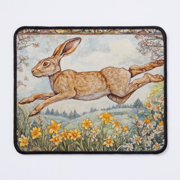 Item preview, A brown hare leaping through the meadow, surrounded by primroses and daffodils designed and sold by thewandswant.