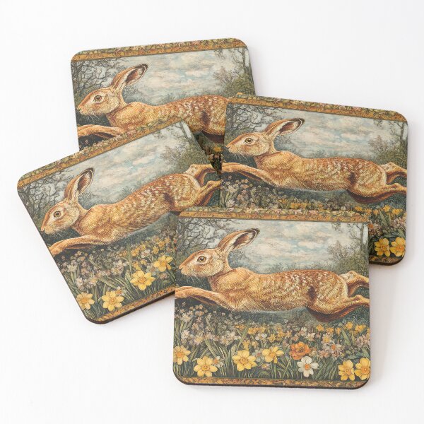 Item preview, A brown hare leaping through the meadow, surrounded by primroses and daffodils  designed and sold by thewandswant.