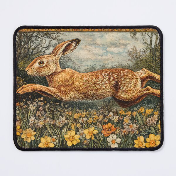 Item preview, A brown hare leaping through the meadow, surrounded by primroses and daffodils designed and sold by thewandswant.
