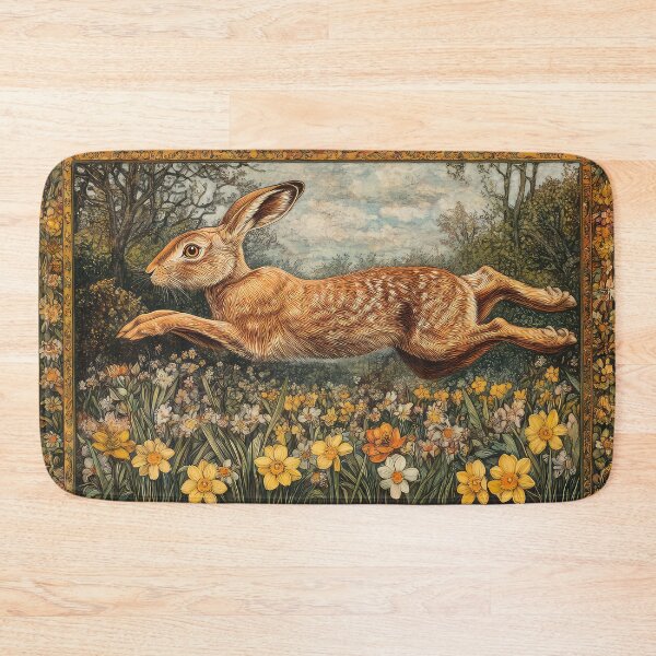 Item preview, A brown hare leaping through the meadow, surrounded by primroses and daffodils  designed and sold by thewandswant.
