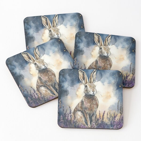 Item preview, water colour Hare sat looking at the viewer at night with a half moon and a few stars in the sky with heather in the foreground designed and sold by thewandswant.