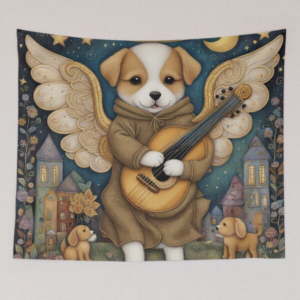 Item preview, Folk Art Puppy Angel with wings and a harp designed and sold by Colin Bentham.