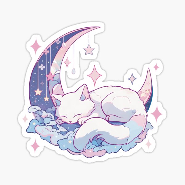 Item preview, White Cat Sleeping on Pink Blue Moon designed and sold by Lialightart.