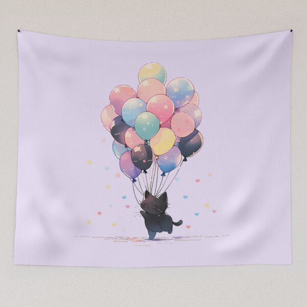 Item preview, Black Kitty with Balloons designed and sold by WoollenLlama.