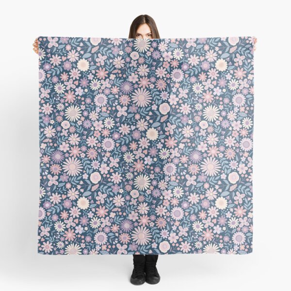 Ditsy Daisies - pink and mauve floral pattern on navy by Cecca Designs Scarf