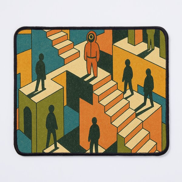 Item preview, Dark Survival Game Maze Art | Masked Player in Retro Stairs Illusion designed and sold by weirdfishes123.