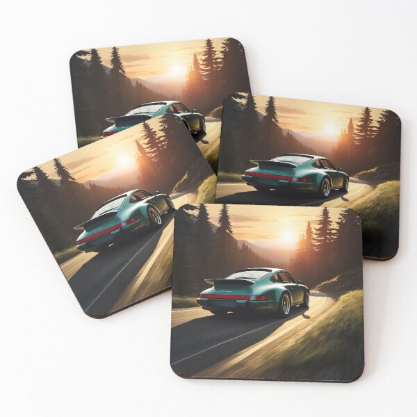 Item preview, Teal Blue Sports Car at Sunset – Forest Curve Motion Art designed and sold by EmeraldeaArt.