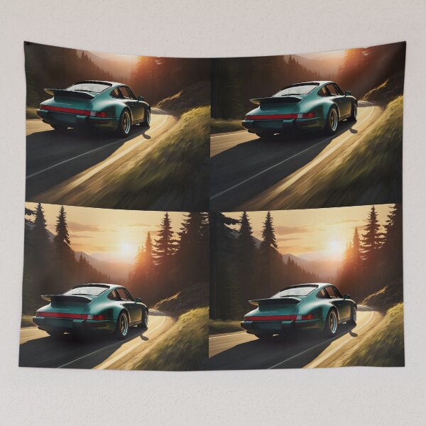Item preview, Teal Blue Sports Car at Sunset – Forest Curve Motion Art designed and sold by EmeraldeaArt.