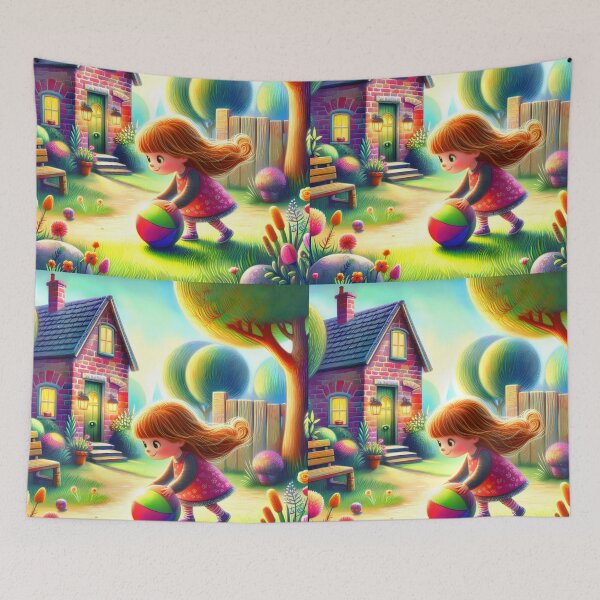 Item preview, Redhead Girl Playing with Ball – Cozy Summer Garden Cartoon Art designed and sold by EmeraldeaArt.