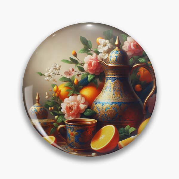 Item preview, Blue Gold Arabic Teapot Still Life – Peonies, Oranges Cup in Oil Painting Style designed and sold by EmeraldeaArt.