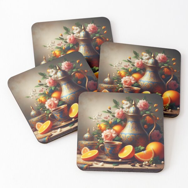 Item preview, Blue Gold Arabic Teapot Still Life – Peonies, Oranges Cup in Oil Painting Style designed and sold by EmeraldeaArt.