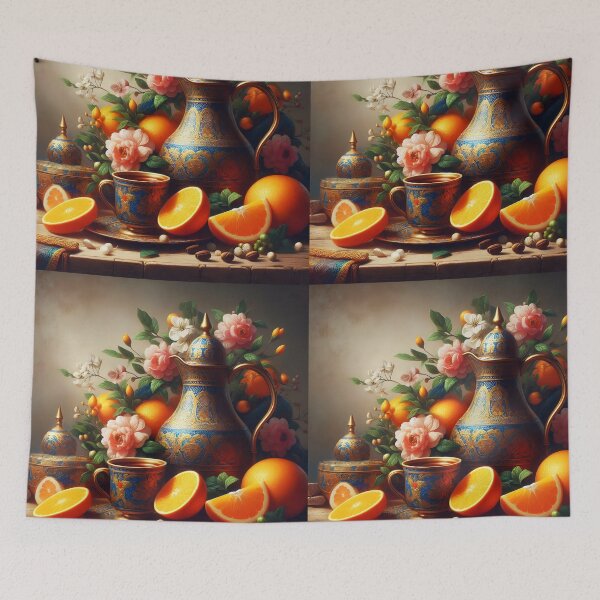 Item preview, Blue Gold Arabic Teapot Still Life – Peonies, Oranges Cup in Oil Painting Style designed and sold by EmeraldeaArt.
