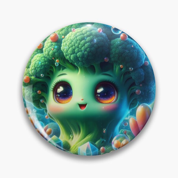 Item preview, Cute Big-Eyed Broccoli Among Crystals & Bubbles – Cartoon Digital Art designed and sold by EmeraldeaArt.