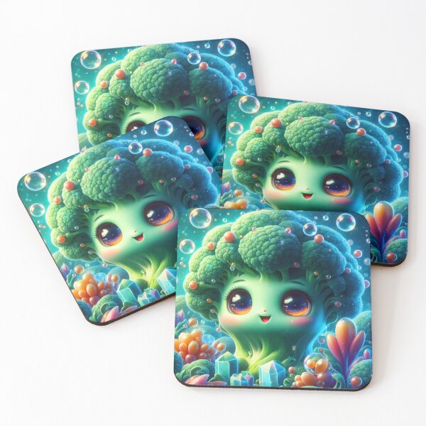 Item preview, Cute Big-Eyed Broccoli Among Crystals & Bubbles – Cartoon Digital Art designed and sold by EmeraldeaArt.