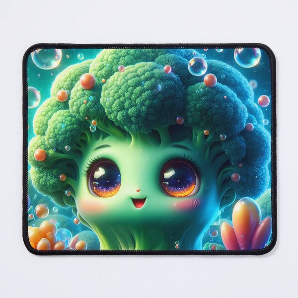 Item preview, Cute Big-Eyed Broccoli Among Crystals & Bubbles – Cartoon Digital Art designed and sold by EmeraldeaArt.