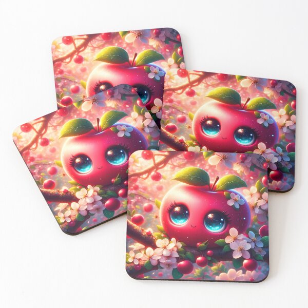 Item preview, Kawaii Big-Eyed Red Apple with Pink Blossoms – Magical Fantasy Fruit Art designed and sold by EmeraldeaArt.