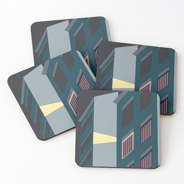 Item preview, Geometric view of brutalist buildings with a light from one window designed and sold by strokes and splashes.