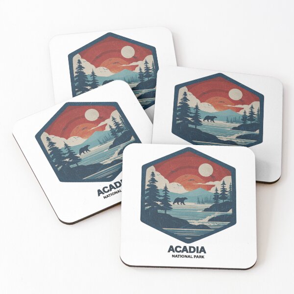 Item preview, Vintage Acadia National Park Bear Illustration with Pine Forest, River and Fiery Sunset Landscape designed and sold by myfavoritesm4.