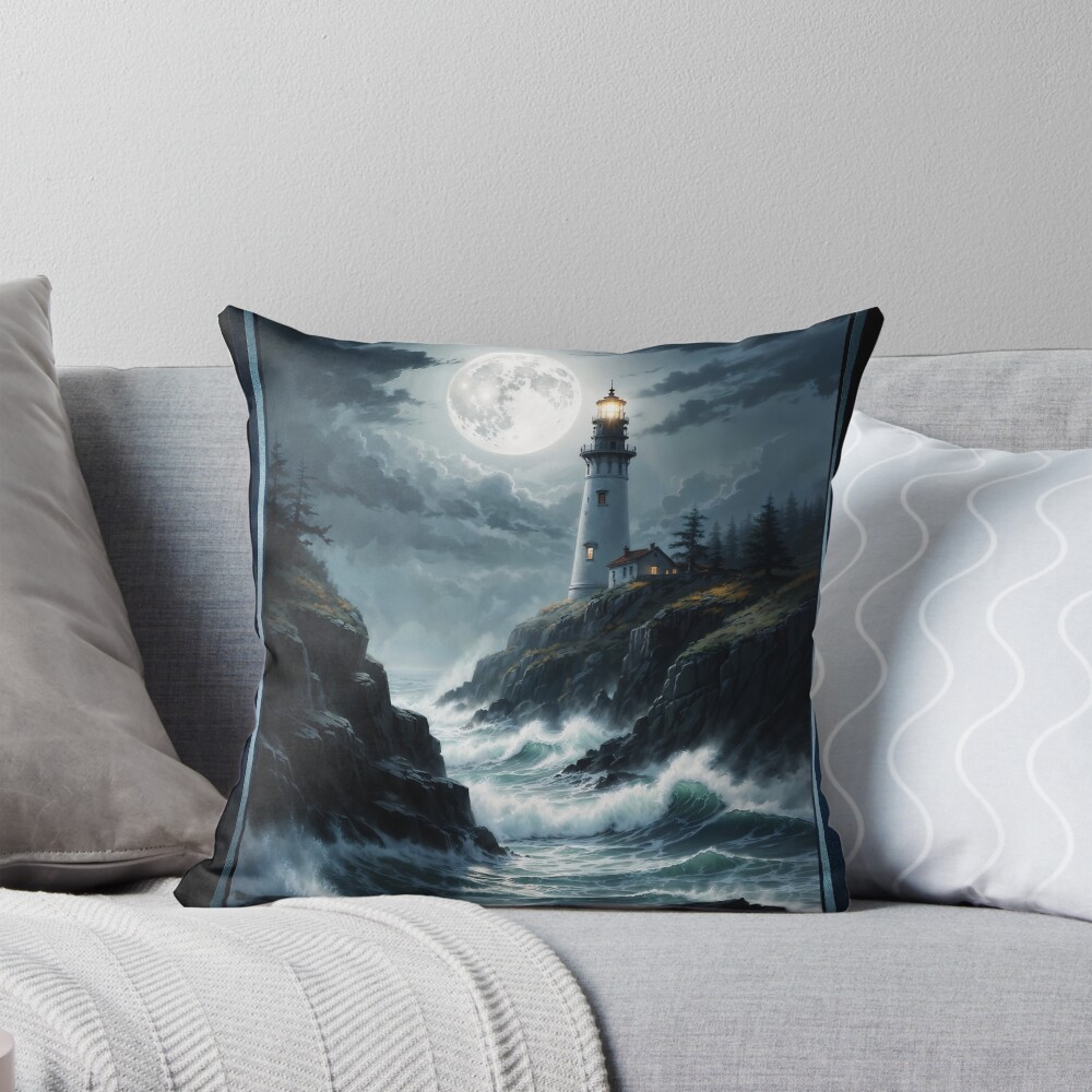 The Sentinel Of The Coast Amidst Moonlit Stormy Seas Captivating AI Concept Art by Xzendor7 Decorative Art Print Throw Pillow